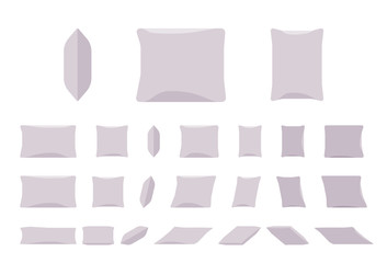 Bed pillows set. Comfort for sleeping, luxury home or hotel fabric to rest neck, head, spine and body, good night sleep or day nap, Vector flat style cartoon illustration, different colors and views