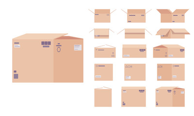 Large moving cardboard box set with fragile signs for packing items into storage. Home or office bundle to pack up personal things, books. Vector flat style cartoon illustration, different views