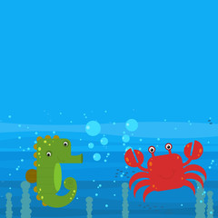 Funny cartoon undersea scene with swimming coral reef fishes illustration