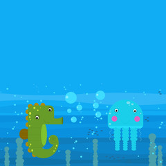 Funny cartoon undersea scene with swimming coral reef fishes illustration