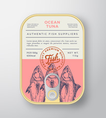 Canned Ocean Fish Abstract Vector Aluminium Container Packaging Design or Label. Modern Typography Banner, Hand Drawn Tuna Silhouette with Lettering Logo. Color Paper Background Layout.