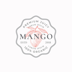 Juicy Mango Frame Badge or Logo Template. Hand Drawn Exotic Fruit Sketch with Retro Typography and Borders. Vintage Premium Emblem.