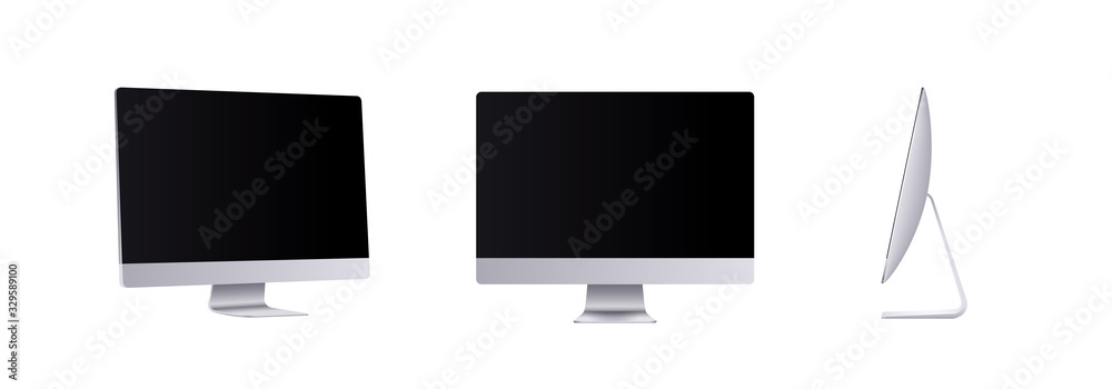 Wall mural personal computer mockup in front, side and angle view. silver modern flat monitor for business pres