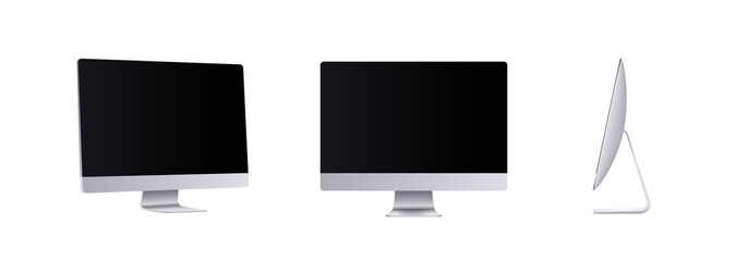 Personal computer mockup in front, side and angle view. Silver modern flat monitor for business presentation or website design show. Empty screen device set, 3d vector illustration.