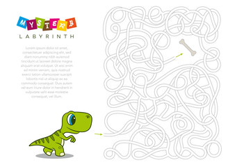 Vector educational maze game with dinosaur. Cute cartoon dino looking for a bone.