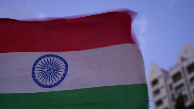 Indian tri color flag flutters in wind in slow motion