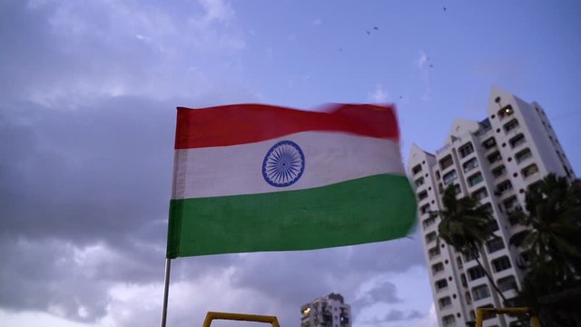 Indian flag flutters in wind in slow motion
