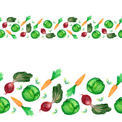 Seamless borders, ribbons, vegetables, gardening. Watercolor drawing. Cabbage, beetroot, salad, greens, carrots. Design for duct tape, adhesive tape, wallpaper. Healthy food. Design of menus, packages