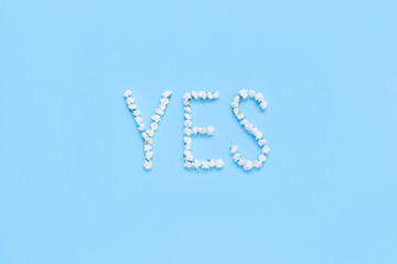 Word YES made of white flowers on a light blue background