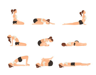 Yoga poses for better sleep. Vector illustrations with woman in sport bra and shorts doing asanas from insomnia and relaxing. Healthy poster in flat vector design. On white isolated background.
