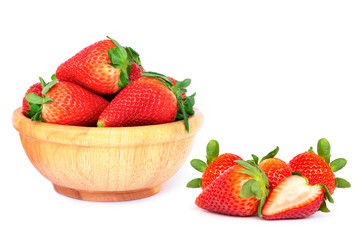 strawberry  in wooden bowl isolated on white background.