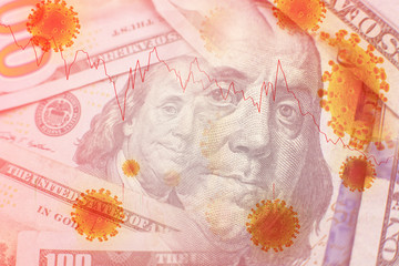 Coronavirus concept in USA, 100 dollar money bill with coronavirus . COVID-19 affects global stock market. World economy hit by corona virus outbreak and pandemic fears. Crisis and finance concept