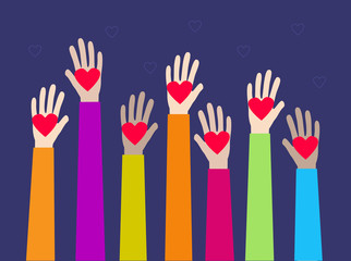 Raised hands, volunteering, donation and charity concept vector illustration