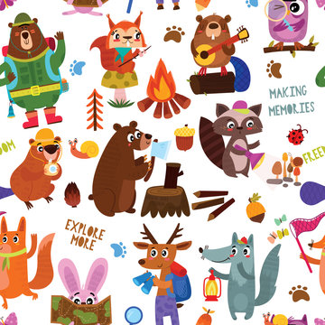 Camping seamless vector pattern with cartoon animals in the forest and camping equipment Design for textiles, textures, children's wallpaper, fabric, clothes.