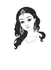 Beautiful Indian girl with beautiful thick black hair and jewelry. This is a graphic sketch - portrait of black ink on a white background for beauty design.