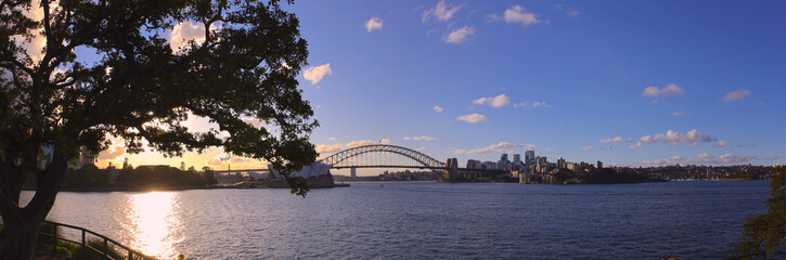 Fototapeta na wymiar Panorama of Sydney Harbour bridge on a warm summer afternoon at Sunset blue skies and white orange clouds