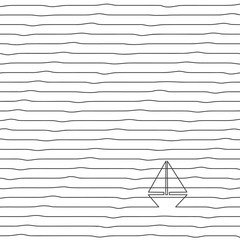 Sketch of yacht in ocean - striped wavy background. Black and white vector doodle