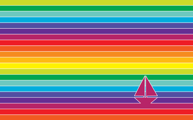 Yacht in ocean - vivid colorful striped background. Line art vector illustration