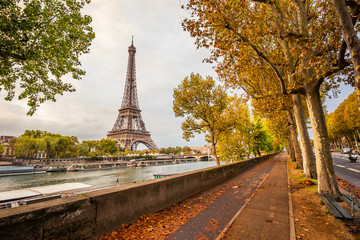 Deserted bike path with the Eiffel tower and the banks of the Seine river in Paris France on an...