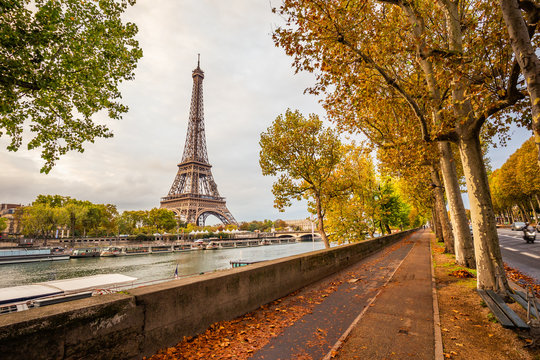 Deserted bike path with the Eiffel tower and the banks of the Seine river in Paris France on an autumn day surrounded by brown leaves of trees