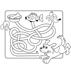 Maze or Labyrinth Game for Preschool Children. Puzzle. Tangled Road. Matching Game. Coloring Page Outline Of Cartoon Dog with food. Coloring book for kids.