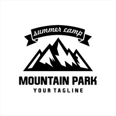 Mountains logo  vector illustration. Outdoor adventure expedition, mountains silhouette shirt, print stamp. Vintage typography badge design.