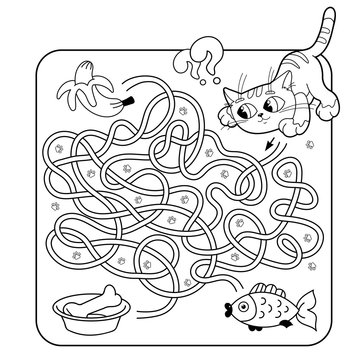 Maze or Labyrinth Game for Preschool Children. Puzzle. Tangled Road. Matching Game. Coloring Page Outline Of Cartoon Cat with food. Coloring book for kids.