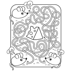 Maze or Labyrinth Game for Preschool Children. Puzzle. Tangled Road. Matching Game. Coloring Page Outline Of Cartoon mouses with cheese. Coloring book for kids.