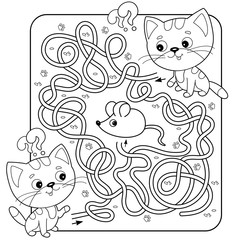 Maze or Labyrinth Game for Preschool Children. Puzzle. Tangled Road. Matching Game. Coloring Page Outline Of Cartoon Cats with mouse. Coloring book for kids.