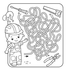 Maze or Labyrinth Game for Preschool Children. Puzzle. Tangled Road. Matching Game. Coloring Page Outline Of Cartoon Worker with tools. Coloring book for kids.