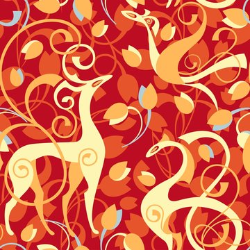 Seamless pattern with fantastic animals in yellow and red colors