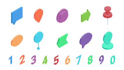 Isometric bullet point with numbers vector illustration set - isolated bright colorful bullet pointers.