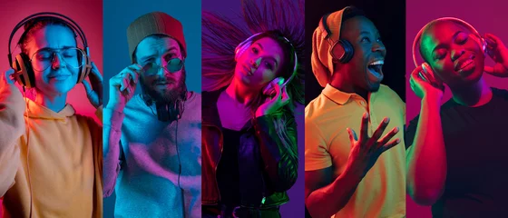 Fotobehang Collage of portraits of young emotional people on multicolored background in neon. Concept of human emotions, facial expression, sales. Smiling, listen to music with headphones. Flyer for ad, proposal © master1305