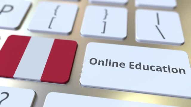 Online Education text and flag of Peru on the buttons on the computer keyboard. Modern professional training related conceptual 3D animation