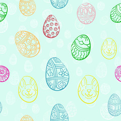 Easter eggs seamless pattern. Hand drawn decorative Easter eggs with different patterns, saze and colors on aqua menthe color background