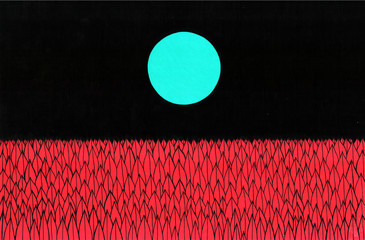 Sunset on the other planet. Alien space landscape. Green sun and red grass. Night field. Autumn...