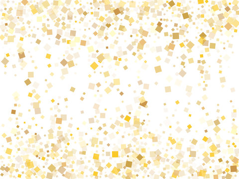 Trendy gold confetti sequins tinsels scatter on white. Chic holiday vector sequins background. Gold foil confetti party pieces pattern. Many sparkles invitation backdrop.