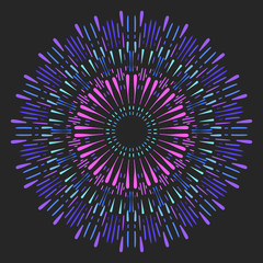 Round mandala made of lines different color, size and shape diverging from the center. Vector illustration on dark background