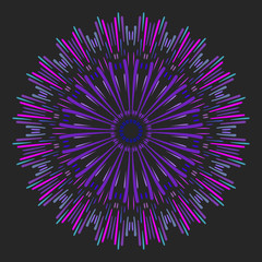 Round mandala made of lines different color, size and shape diverging from the center. Vector illustration on dark background
