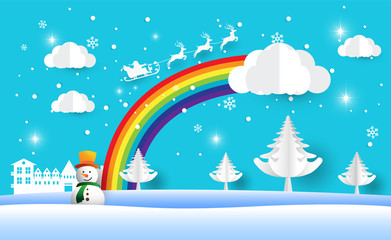 Merry Christmas, Santa Claus on the sky and beautiful rainbow ,Happy new year