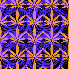 bright orange neon cannabis leaves on a black bold abstract background of splashes of paint droplets, hemp pattern