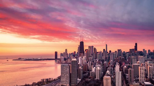 Chicago aerial time lapse from north at sunrise