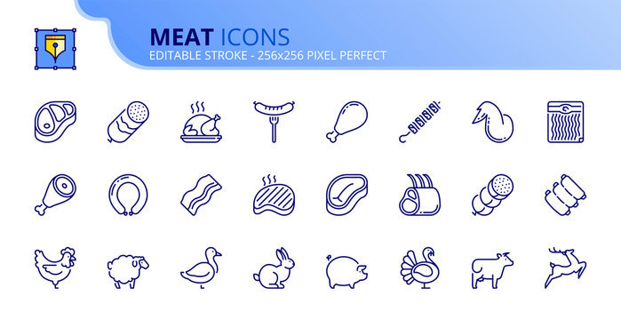 Simple set of outline icons about meat. Food.