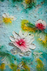 old concrete wall with colorful lotus facade view