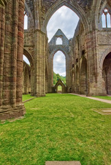 Obraz premium The ruins of Tintern Abbey, founded by Walter de Clare, Lord of Chepstow, on 9 May 1131. It is situated adjacent to the village of Tintern in Monmouthshire, Wales, UK.