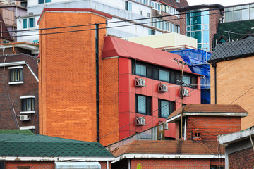 View of colorful old and modern buildings facade