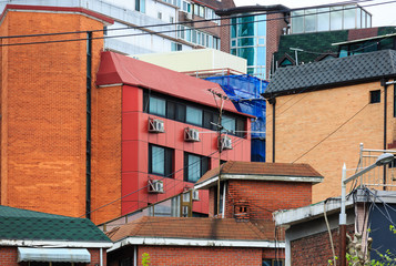 View of colorful old and modern buildings facade