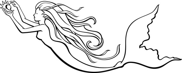 Mermaid Holding Sea Shell, Line Art Illustration