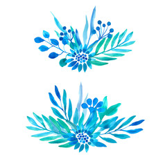 Set of flower composition. Blue flowers, leaves and twigs isolated on a white background. Watercolor stock illustration