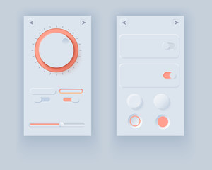Neumorph UI kit. Volume Knob with slider bar and switchers with buttons. Light color set. Skeuomorph Trend Design. Workflow Elements for smart technology applications. Vector illustration.